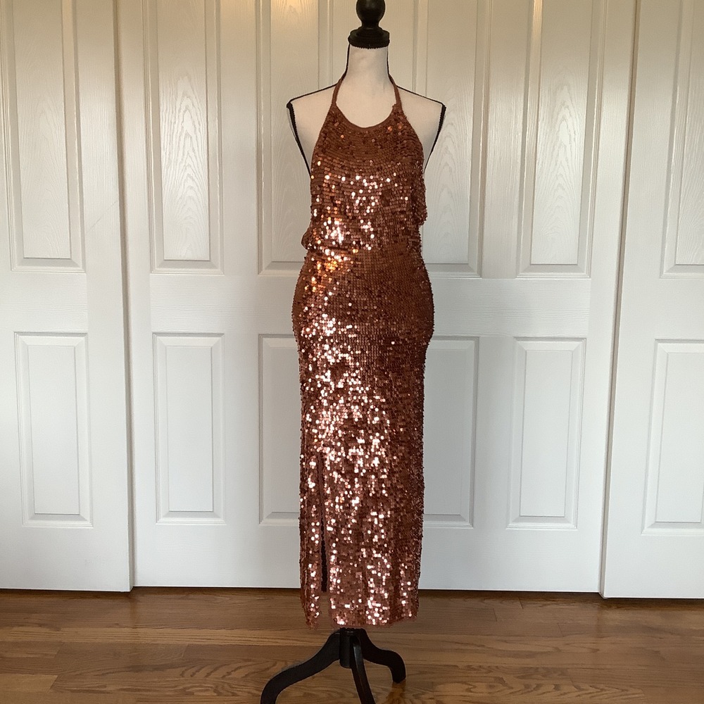 Calypso St Barth Copper Sequin Halter Maxi Dress Open Back Side Slit Size S NWOT